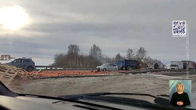 На трассе перевернулась фура с мандаринами