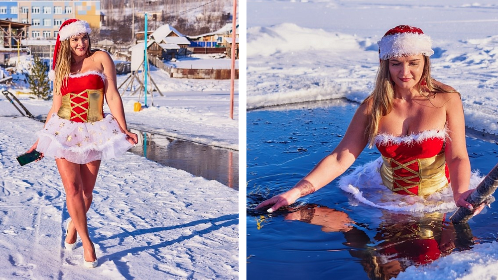 Жительница Миасса в образе Снегурочки проплыла 50 метров в 35‑градусный мороз