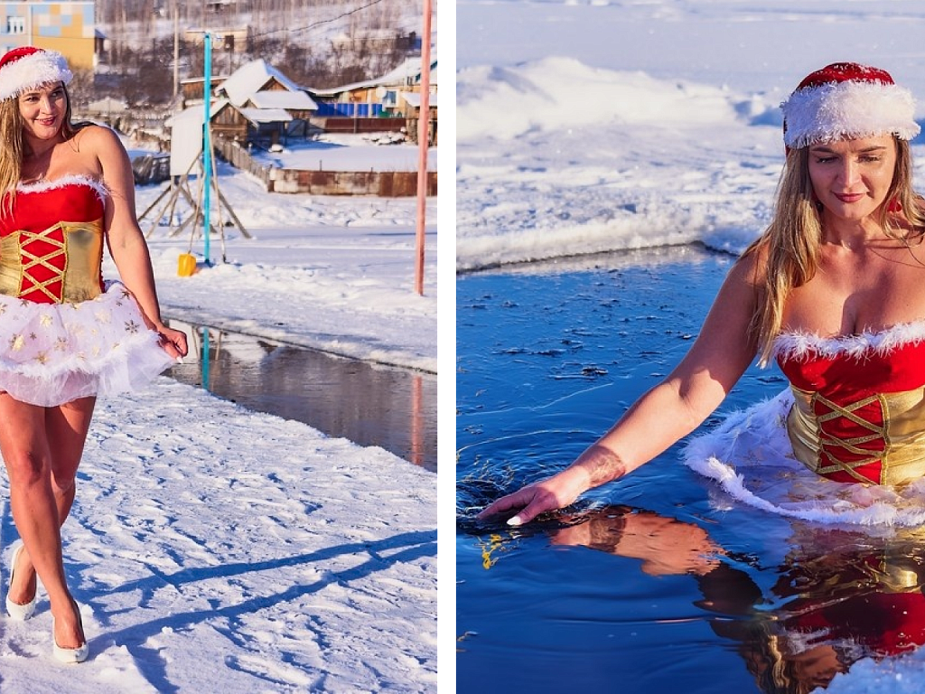 Жительница Миасса в образе Снегурочки проплыла 50 метров в 35‑градусный мороз