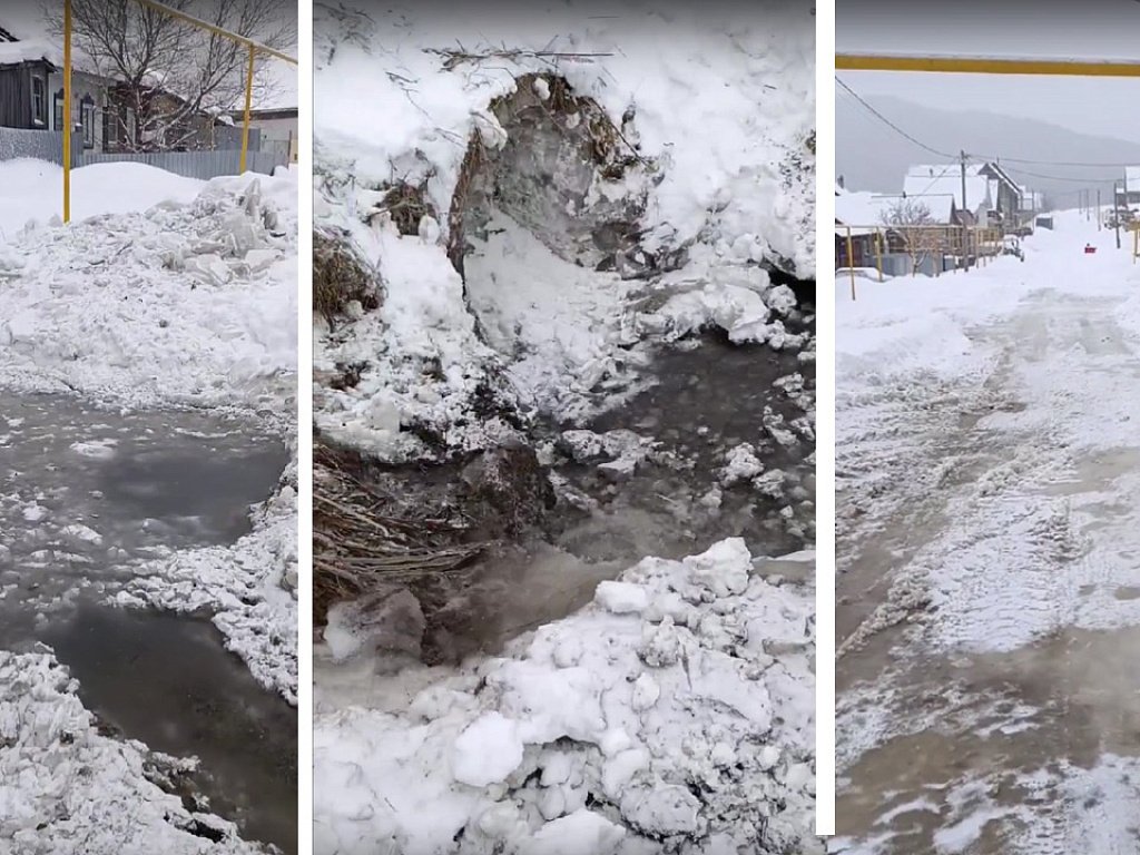 В селе Сыростан из-за перемерзания трубы река пошла поверх льда по улице
