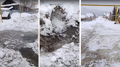 В селе Сыростан из-за перемерзания трубы река пошла поверх льда по улице