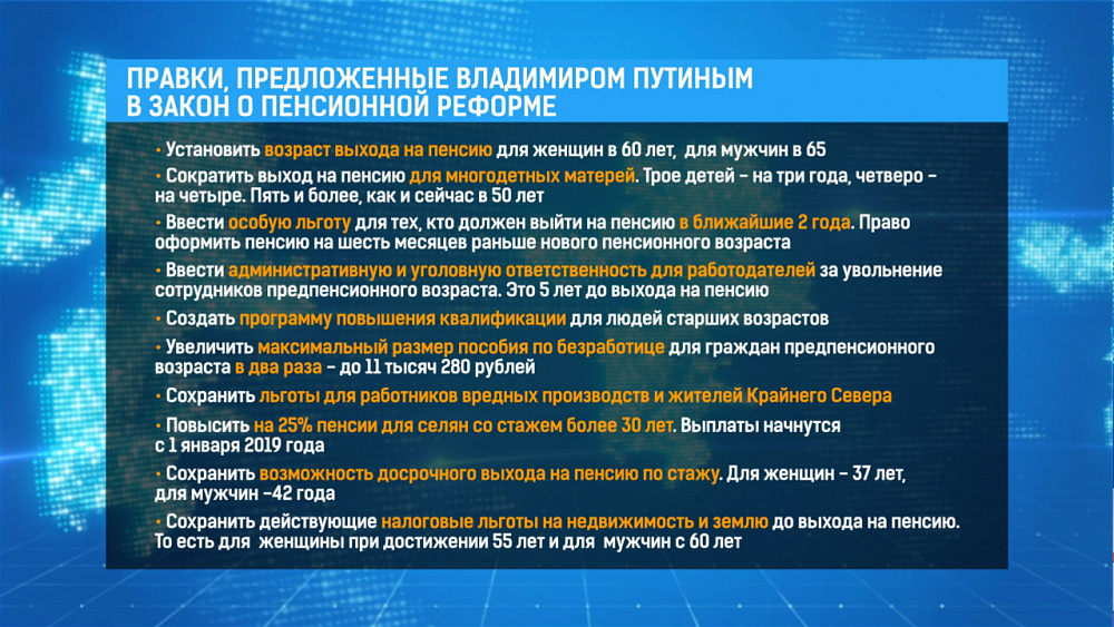 Правки, предложенные Владимиром Путиным в закон о пенсионной реформе