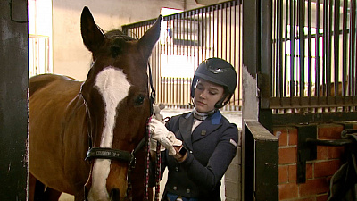 Наездница готовит лошадку к выезду